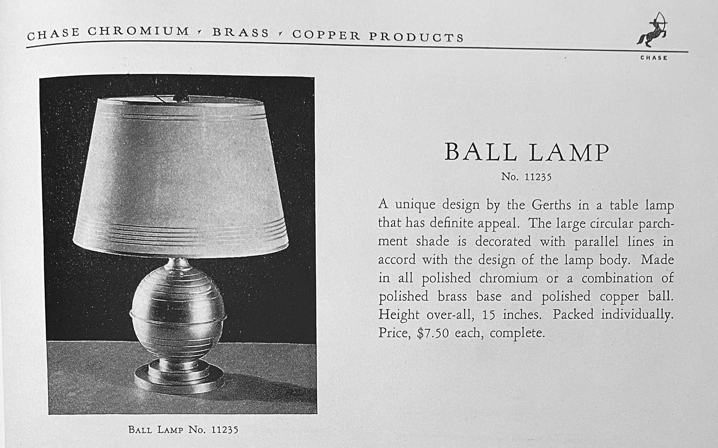 1934 Chase Streamline Deco Copper and Brass Ball Lamp - Ruth Gerth