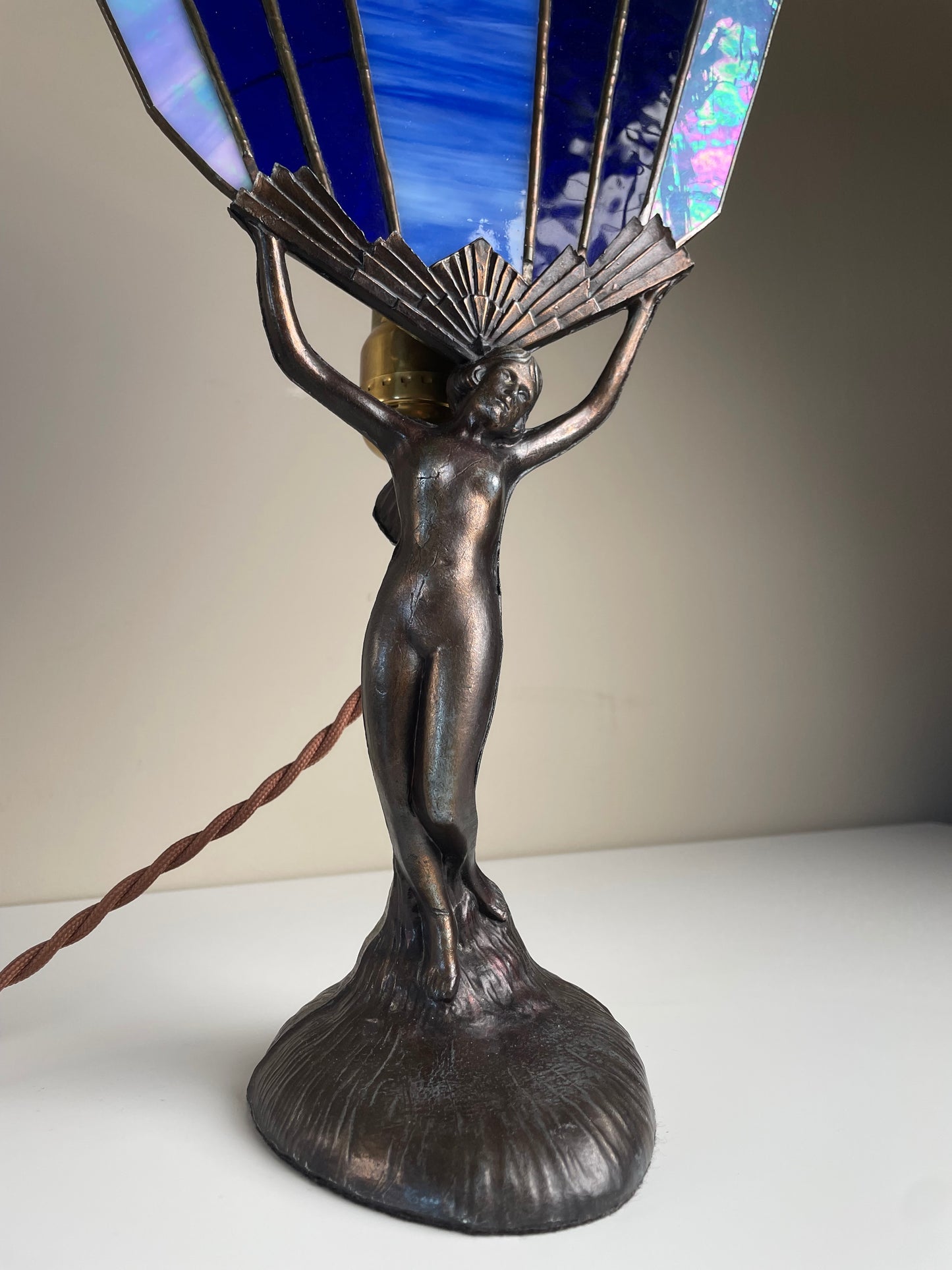 Spelter Lady Lamp Art Deco Nouveau, Holding Blue Slag Glass Shade, Cloth Cord