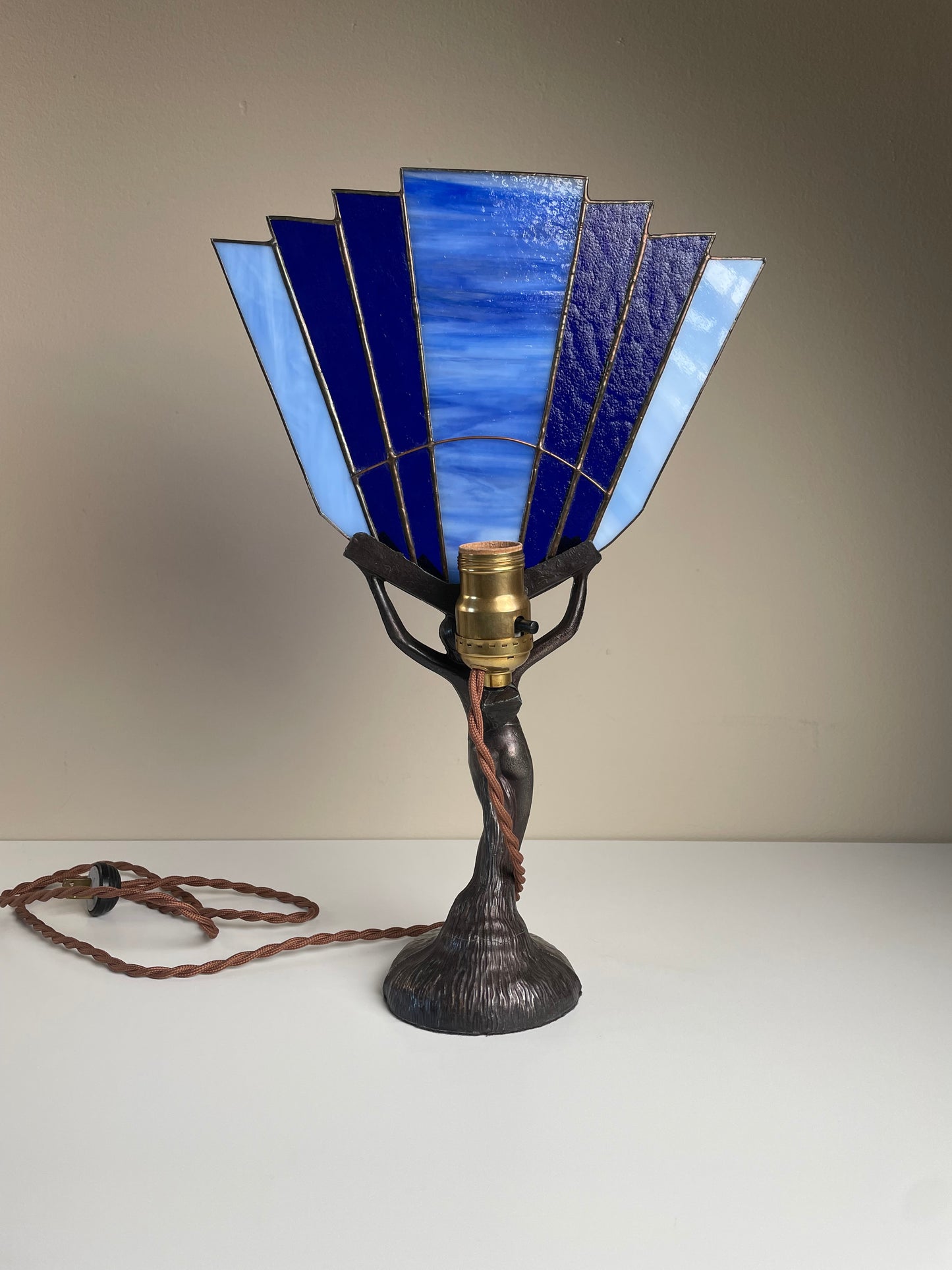 Spelter Lady Lamp Art Deco Nouveau, Holding Blue Slag Glass Shade, Cloth Cord