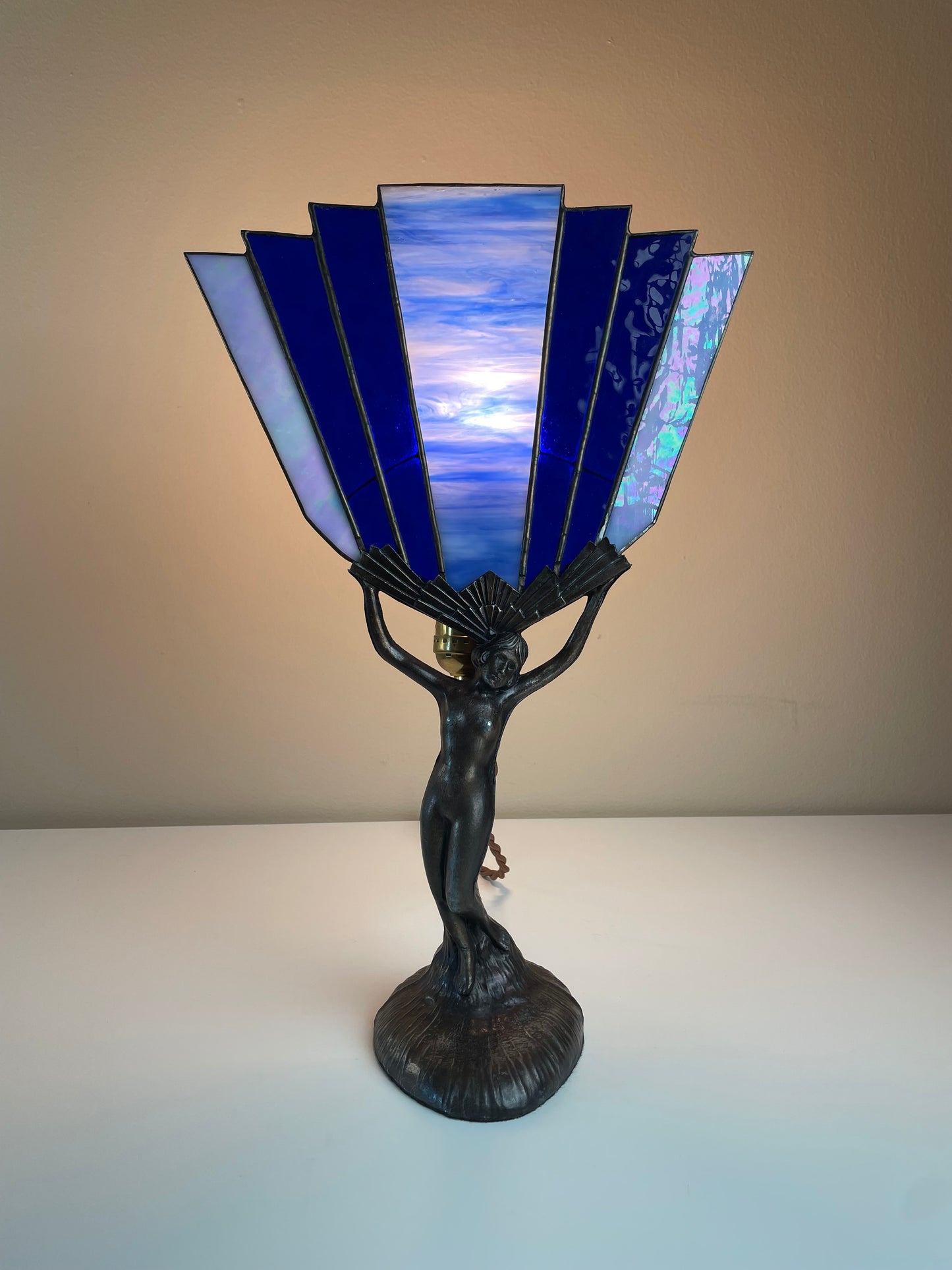 Spelter Lady Lamp Art Deco Nouveau, Holding Blue Slag Glass Shade, Cloth Cord