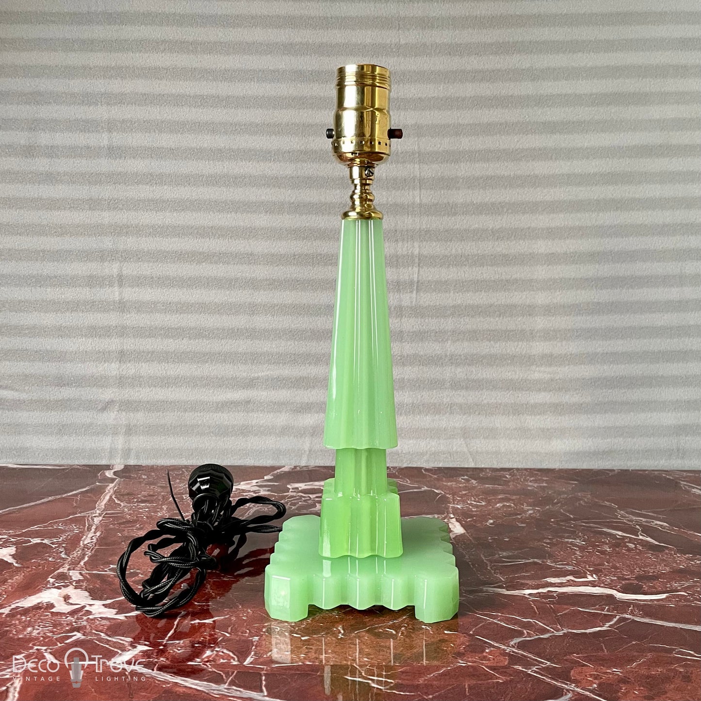 1930s Houze Glass Art Deco Geometric Fluted Jadeite and Brass Lamp