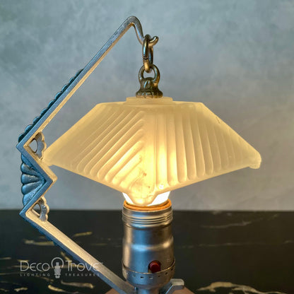 Pair of 1930s Art Deco Geometric Iron Hanging Shade Frosted Glass Lamps