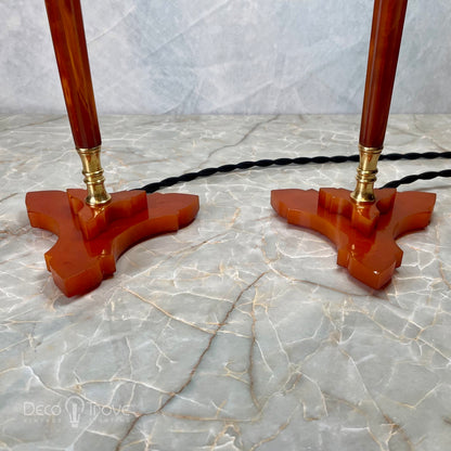 Pair of 1930s Art Deco Tall Red/Amber Fluted Bakelite Lamps