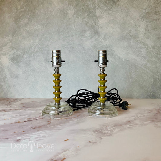 Pair of 1930s Machine Age Deco Segmented Green Bakelite and Chrome Boudoir Lamps
