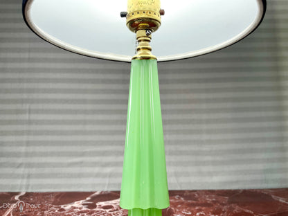 1930s Houze Glass Art Deco Geometric Fluted Jadeite and Brass Lamp