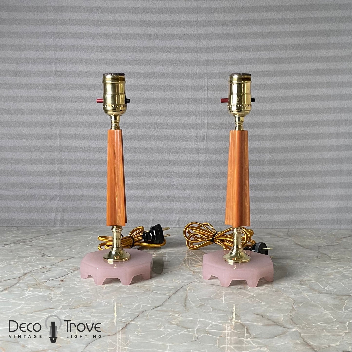 PAREJA de Lámparas Catalín Naranja, Latón y Cristal Rosa