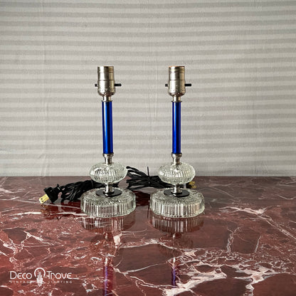 Par de lámparas de tocador Deco de vidrio tallado azul cobalto